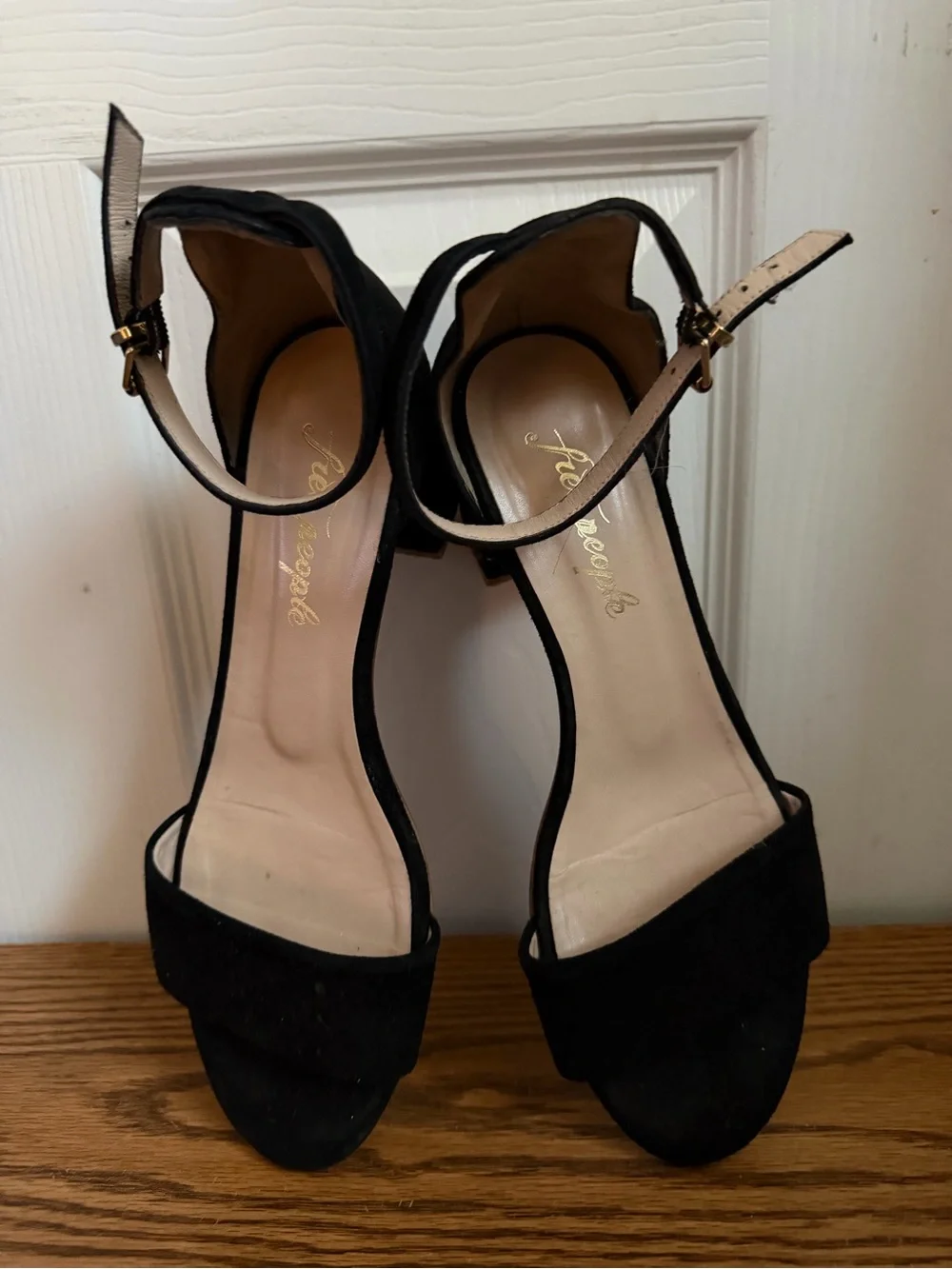 Free People Black Suede Ankle-Strap Block Heels